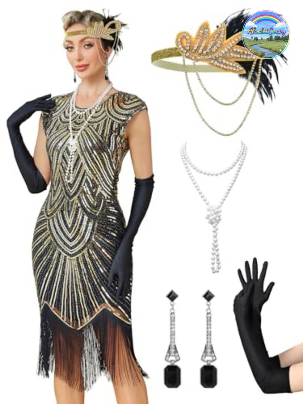 1920s Flapper Dress Sequin Fringe Roaring 20s Costume with Accessories Set